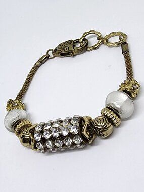 Gold and White Rhinestone Beaded Charm Lobster Claw Clasp Bracelet